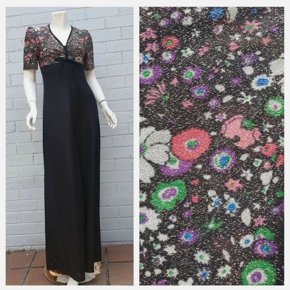 Vintage Dresses & Skirts - VTG 1970s Lurex Lame Metallic Floral Print Bow Maxi Cocktail Gown Dress Small 8